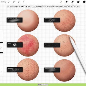 Skin realism brush effects for Procreate: circular skin texture samples showing pores, veins, redness/blush, facial hair stubble, blackheads, and smooth skin texture stamps.