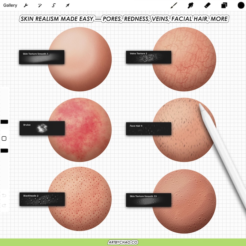 Skin realism brush effects for Procreate: circular skin texture samples showing pores, veins, redness/blush, facial hair stubble, blackheads, and smooth skin texture stamps.