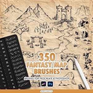 Procreate Map Brushes – 350 Fantasy Map Stamps & Pattern Brushes: castle, nature, terrain, trees, towns (Photoshop supported)