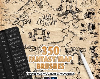 Procreate Map Brushes – 350 pieczątek i pędzli do map fantasy: zamek, natura, teren, drzewa, miasta (obsługa programu Photoshop)