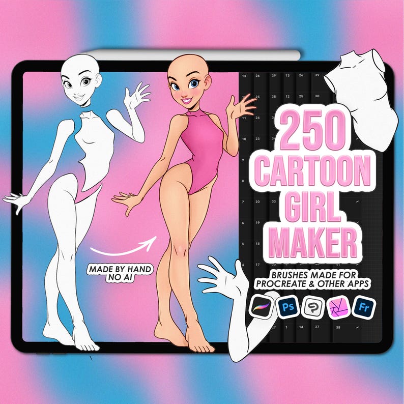 Cartoon Procreate maker stamps | Cartoon Procreate pose stamps | Procreate cartoon princess body stamps | Cartoon Photoshop brushes