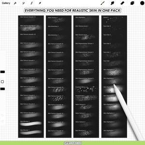 Full brush pack preview for realistic skin in Procreate: lists of skin texture brushes, veins, highlights, pores, face hair, acne and pigmentation textures, all in one set.