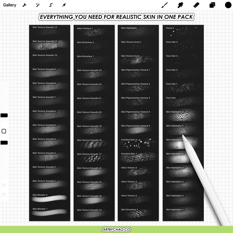 Full brush pack preview for realistic skin in Procreate: lists of skin texture brushes, veins, highlights, pores, face hair, acne and pigmentation textures, all in one set.