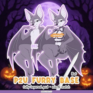 May include: A digital illustration of a grey bat character in two variations, one bare-chested and one wearing a black leather harness. The text reads "ART BY CHAO", "Bat", "P2U FURRY BASE", "fully layered .psd • mix & match", and "ARTBYCHAO.CO".