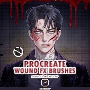 May include: Digital illustration of a person with dark hair, pale skin, and visible facial wounds, including scratches and blood. The person wears a dark jacket and neck bandages. Text reads PROCREATE WOUND FX BRUSHES and artbychao.co.