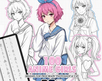 Procreate Anime Girls: 100 Manga Anime Line Art Mädchen Stempel (Photoshop & CSP unterstützt)