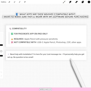 The image is a screenshot of a website or application interface with a grid layout, featuring a pen and a message box. The message box contains text that asks about the compatibility of brushes with certain software, and it also provides a response indicating that the app is compatible with Apple Pencil and USB-C.