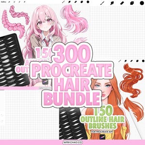 Puede incluir: Paquete de arte digital para Procreate con 300 pinceles de pelo y 150 pinceles de contorno de pelo. La imagen incluye ilustraciones de estilos de pelo anime y realistas en rosa y naranja, con el texto "Procreate Hair Bundle".
