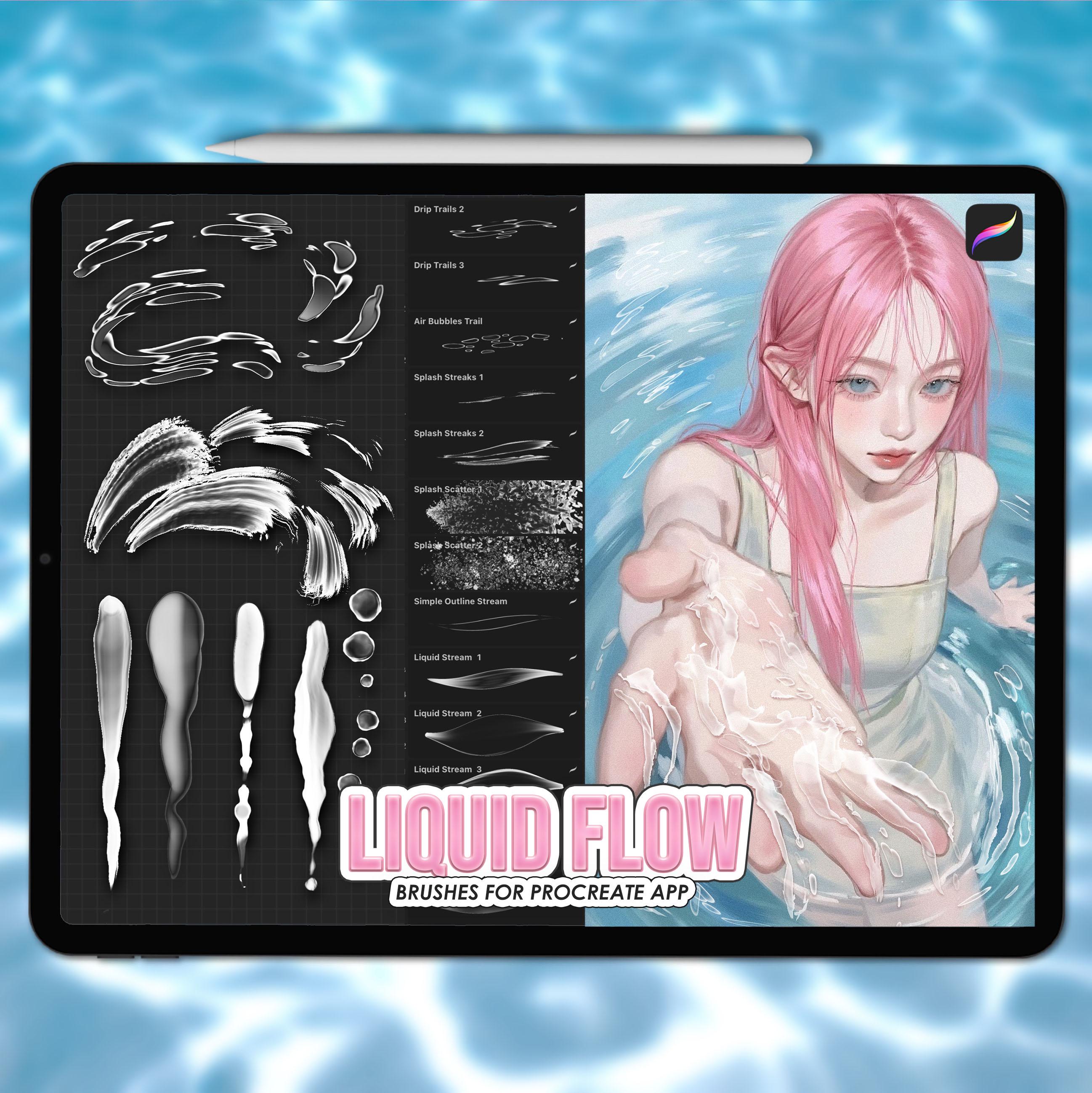 Set de pinceles de Líquido y Agua para Procreate – 50 pinceles de texturas fluidas para efectos de flujo realistas