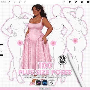 May include: A digital art set titled 100 PLUS SIZE POSES featuring a central figure in a pink gingham dress surrounded by three outlined body templates. The image includes icons for Procreate, Photoshop, and CSP, with a stylus pen visible.