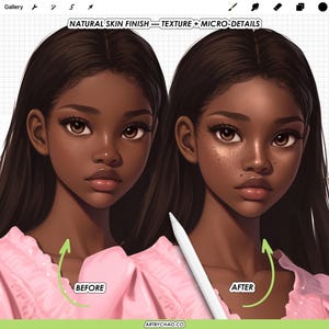 Before and after comparison of realistic skin texture in Procreate, showing natural skin finish with added pores and micro-details using realistic skin brushes.