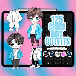 Chibi outfit Procreate stamps | Chibi boy Procreate clothing stamps | Procreate chibi clothes | Clip Studio Paint chibi clothes