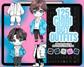 Chibi outfit Procreate stamps. Chibi boy Procreate clothing stamps. Procreate chibi clothes. Clip Studio Paint chibi clothes