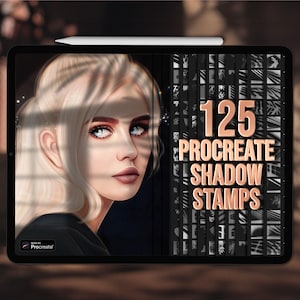 May include: A digital art display showing a woman's portrait with blonde hair and blue eyes. The screen displays "125 Procreate Shadow Stamps" and a collection of stamp designs. A white stylus rests on top.