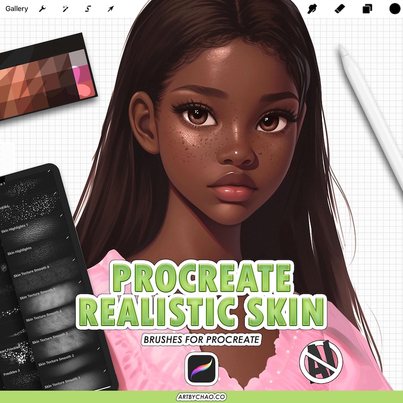 Cover image for Procreate Realistic Skin Brushes set, featuring a realistic portrait with freckles and glossy lips, Procreate brush previews on iPad, and a skin tone palette, brushes for realistic skin texture.