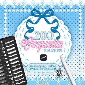 May include: Digital art brushes for Procreate. The image features a tablet displaying brush options, a stylus, and a decorative background. The text reads "200 Coquette Brushes" and "dual-color & outline brushes for Procreate."