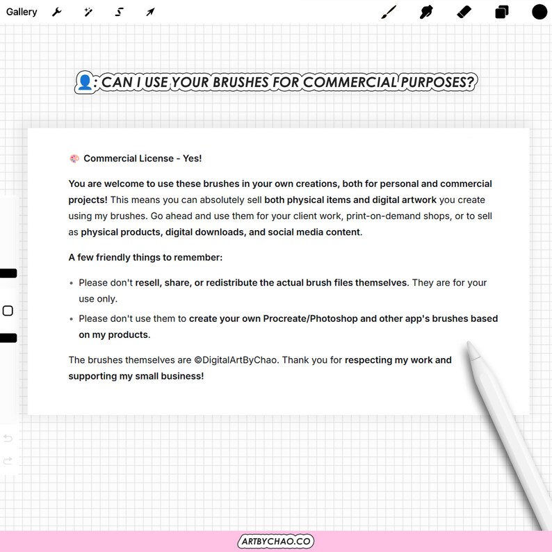 The image is a screenshot of a webpage with a message asking if someone can use brushes for commercial purposes.