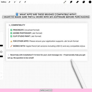 The image is a screenshot of a software interface with a grid background and a white pen pointing to the right side. The interface appears to be a user interface for a drawing or painting application, with various brush tool options and compatibility information displayed.