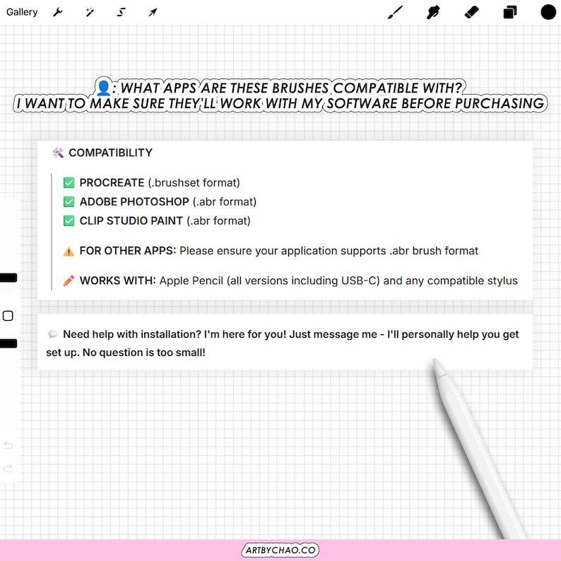 The image is a screenshot of a software interface with a grid background and a white pen pointing to the right side. The interface appears to be a user interface for a drawing or painting application, with various brush tool options and compatibility information displayed.
