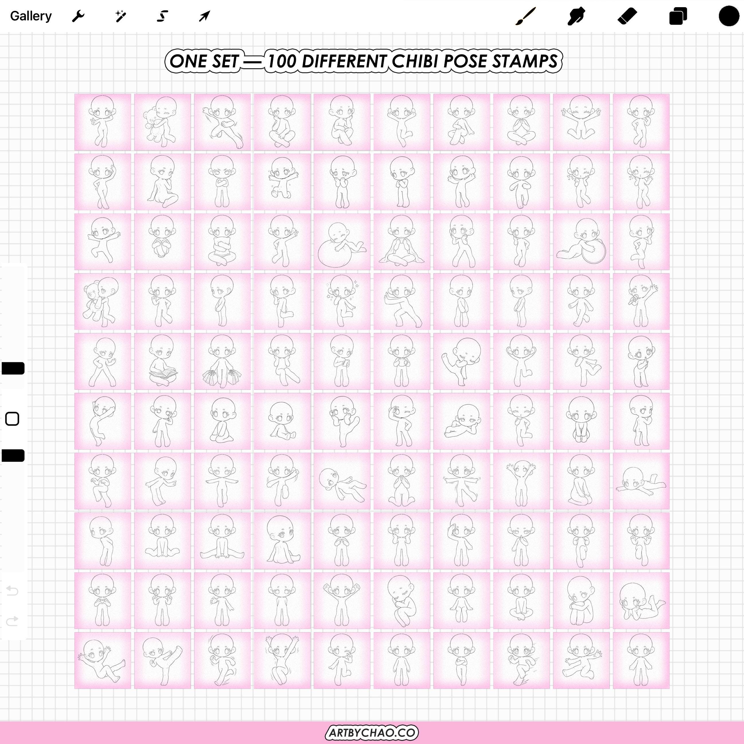 Procreate Chibi Poses: 100 Chibi Base Body Stamps (photoshop & CSP ...