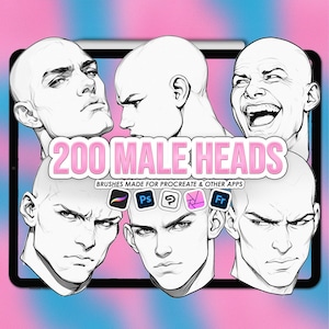 May include: Digital art brushes for Procreate and other apps. The image shows a tablet displaying six stylized male head illustrations in black and white. Text reads "200 MALE HEADS" and "BRUSHES MADE FOR PROCREATE & OTHER APPS".