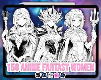Fantasy Procreate anime damesstempels. Manga Procreate vrouwelijke postzegels. Photoshop anime-penselen. Clip Studio-stempels fantasiefiguren