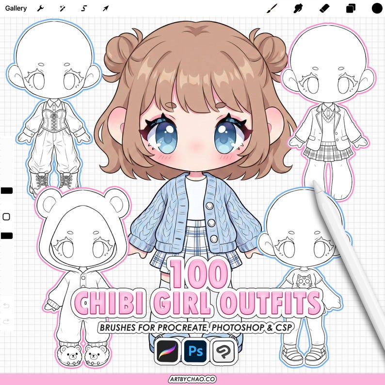 Procreate Chibi Clothes: 100 Girl Outfit Clothing Stamps (photoshop ...
