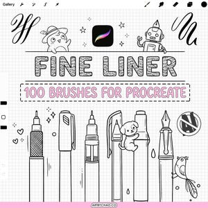 May include: Black and white illustration of fine liner pens with the text "FINE LINER" and "100 BRUSHES FOR PROCREATE". The image includes cartoon drawings of a robot, a dog, and a bird. The background is a grid.