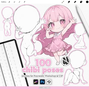 Procreate Chibi-Basisposen: 100 Chibi-Charakter-Körperstempel (Photoshop- und CSP-Unterstützung)