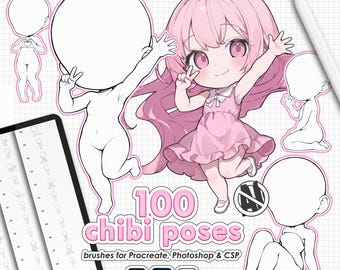 Procreate Chibi Base Poses: 100 chibi character body stamps (Photoshop & CSP supported)