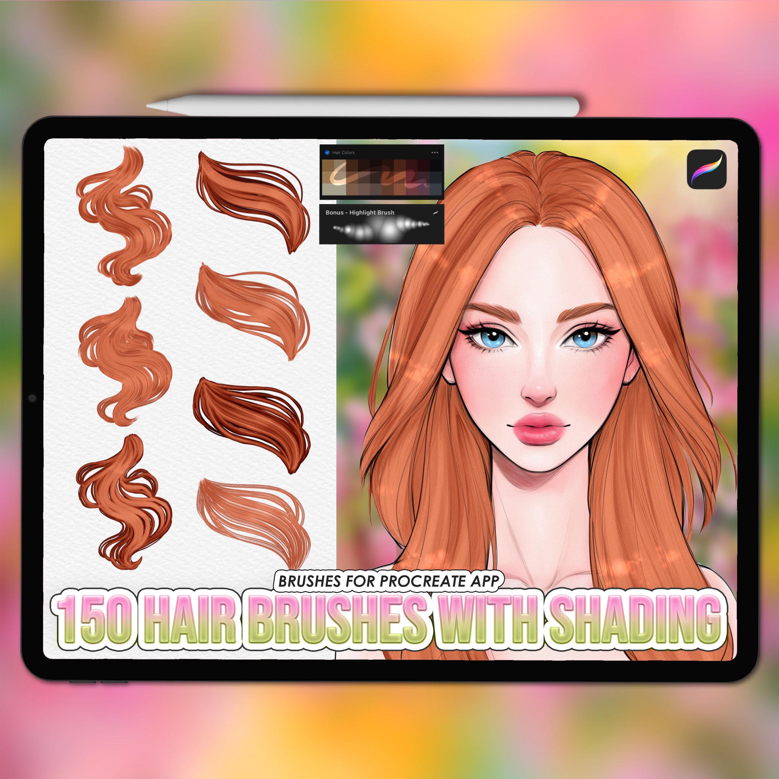 Procreate Hair Brushes Set – 150 Outline, Base & Shading Brushes + Color Swatches