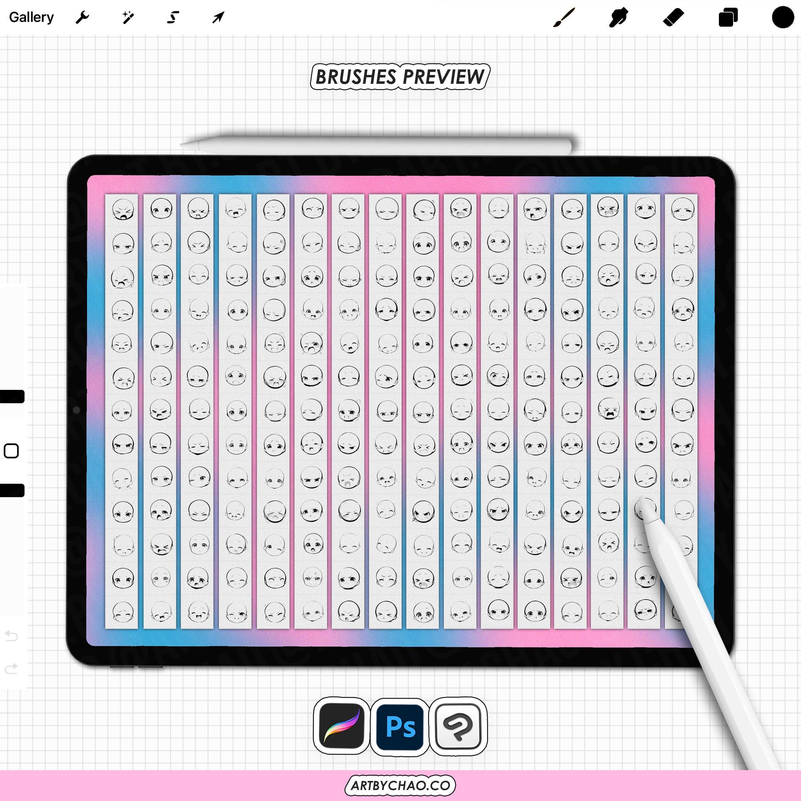 Procreate Emote Base: 200 Chibi Anime Face Expression Stamps (photoshop ...