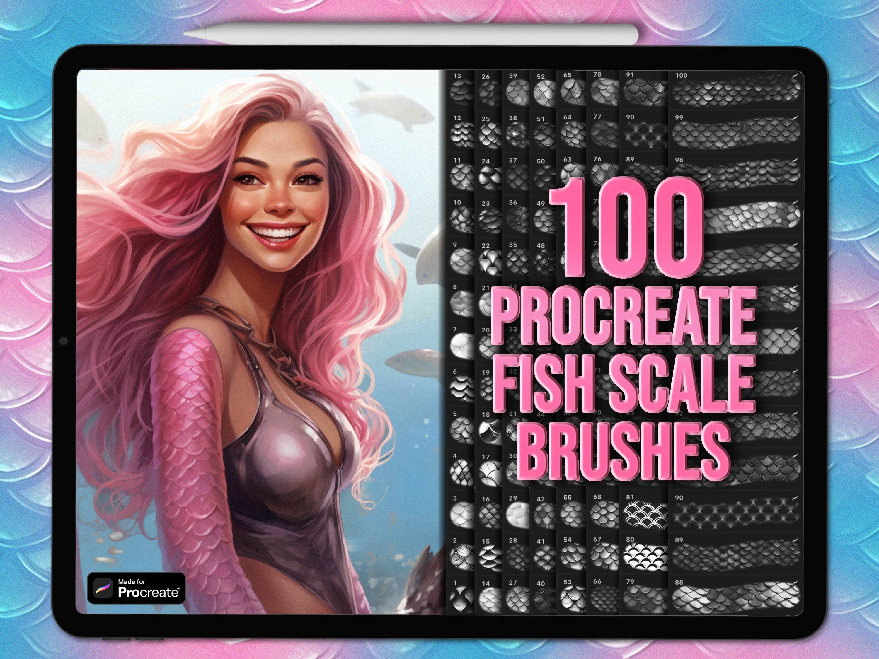 Pincéis de escamas para Procreate – 100 pincéis de textura e padrão de sereia