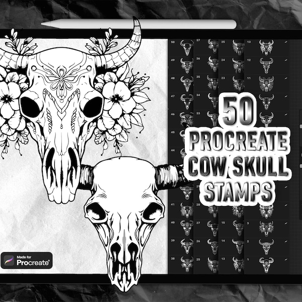Cow skull Procreate stamps | Procreate tattoo brushes | Procreate cow skull stamps | Procreate tattoo stamps | Procreate skull tattoo stamps