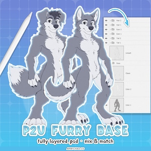 Puede incluir: Un archivo de arte digital que muestra dos personajes caninos antropomórficos grises y blancos con un lápiz óptico y un panel de capas. El texto P2U FURRY BASE, fully layered .psd, mix & match y artbychao.co aparece en la imagen.