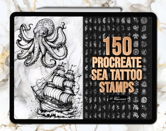 Procreate sea tattoo stamps | Procreate nautical tattoo stamps | Procreate marine tattoo stamps | Sea Procreate tattoo brushes