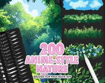 Anime Procreate Nature Brushes: 200 tree, forest, cloud, leaf and grass for environment anime style drawing