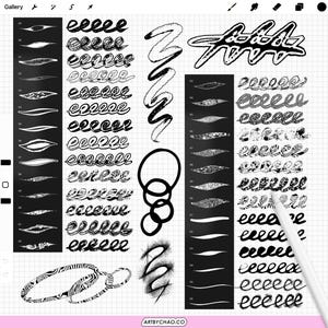 May include: A digital brush set display on a grid background featuring numbered black panels with various stroke textures, sample loops, and abstract shapes. The interface includes top navigation icons and a bottom label reading ARTBYCHAO.CO.