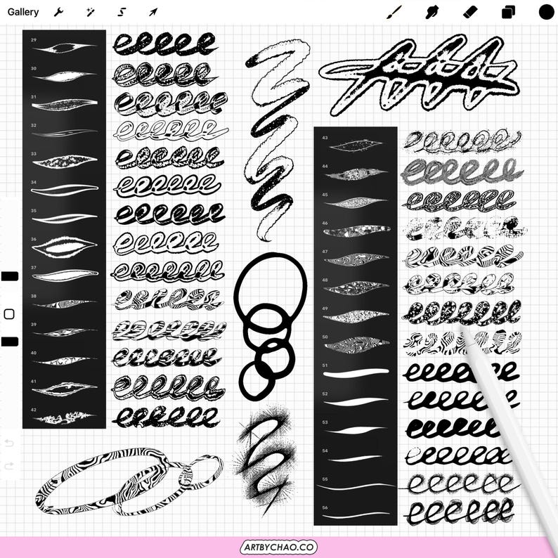 May include: A digital brush set display on a grid background featuring numbered black panels with various stroke textures, sample loops, and abstract shapes. The interface includes top navigation icons and a bottom label reading ARTBYCHAO.CO.