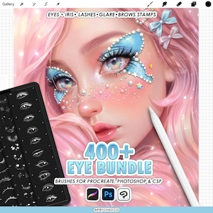 Procreate Eye Stamps: 400+ iris, eyelashes, brows, catchlight and glare brushes for realistic eyes (Photoshop & CSP supported)