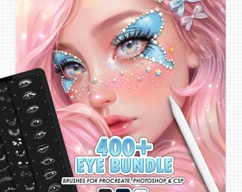 Pode incluir: Pacote de arte digital com uma mulher de cabelo rosa e maquiagem azul nos olhos. A imagem inclui um tablet exibindo designs de olhos e o texto "400+ EYE BUNDLE" e "BRUSHES FOR PROCREATE, PHOTOSHOP & CSP".