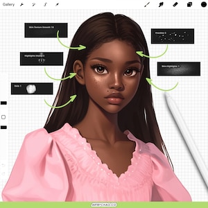 Realistic skin detailing demo in Procreate: portrait with arrows pointing to freckles, skin highlights, moles, and smooth skin texture brushes used to add natural face texture and shine.