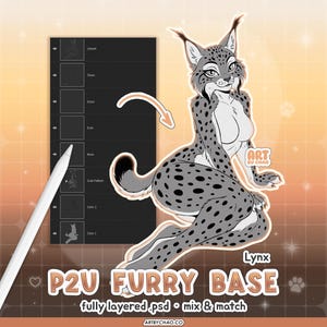 Op de afbeelding: Een digitale illustratie van een lynx-personage met grijze vacht en zwarte vlekken, inclusief een gelaagde PSD-bestandsinterface aan de linkerkant en een witte stylus. De tekst luidt P2U FURRY BASE, Lynx en ART BY CHAO op een oranje achtergrond.