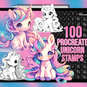 Lindos sellos de unicornio para Procreate / Sellos de unicornio para Procreate de dibujos animados / Sellos de unicornio para Procreate de anime