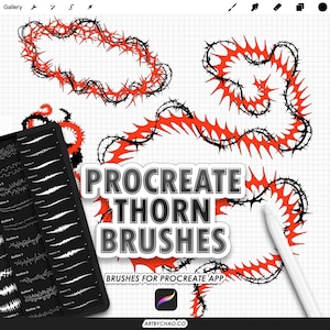 May include: Digital art brushes for the Procreate app. The image features red and black thorn designs, a tablet displaying brush options, and the text "Procreate Thorn Brushes". A white stylus is also present.