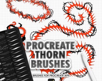 May include: A digital set of Procreate thorn brushes featuring red and black jagged, spiked, and vine-like patterns on a grid background. The text reads PROCREATE THORN BRUSHES and BRUSHES FOR PROCREATE APP with the Procreate logo and ARTBYCHAO.CO.
