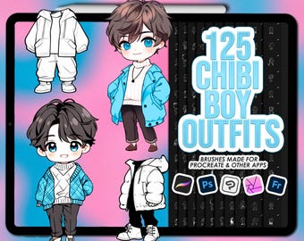 May include: Digital art of a tablet displaying "125 Chibi Boy Outfits." The image features cartoon illustrations of chibi boys in various outfits, including jackets and sweaters. The background is a gradient of pink and blue.