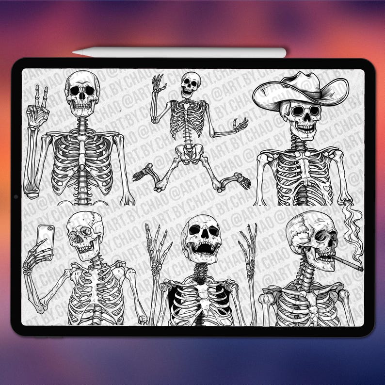 Skeleton Procreate stamps | Procreate skull stamps | Procreate skeleton stamps | Photoshop skull brushes | Clip Studio Paint skull stamps
