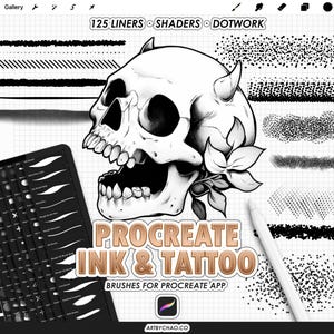 Könnte beinhalten: Digitale Kunstpinsel für die Procreate-App. Das Bild zeigt einen Schädel mit Hörnern und floralen Akzenten sowie verschiedene Pinselstrichbeispiele. Der Text lautet "Procreate Ink & Tattoo" und "125 Liners, Shaders, Dotwork."