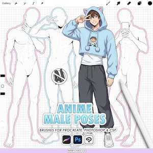 Procreate Anime Male Poses: 100 boy body pose base stamps (Photoshop & CSP supported)